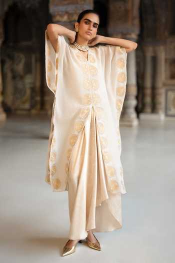 Shop Dash And Dot White Viscose, Lurex Brocade Draped Skirt Online at Aza Fashions Shop_Dash And Dot_White Viscose, Lurex Brocade Draped Skirt _Online_at_Aza_Fashions