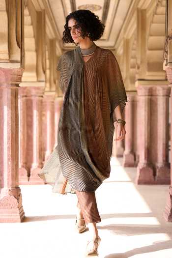 Dash And Dot Multi Color Silk, Cotton, Lurex V-neck Draped Ombre Kaftan Top Online at Aza Fashions Dash And Dot_Multi Color Silk, Cotton, Lurex V-neck Draped Ombre Kaftan Top _Online_at_Aza_Fashions