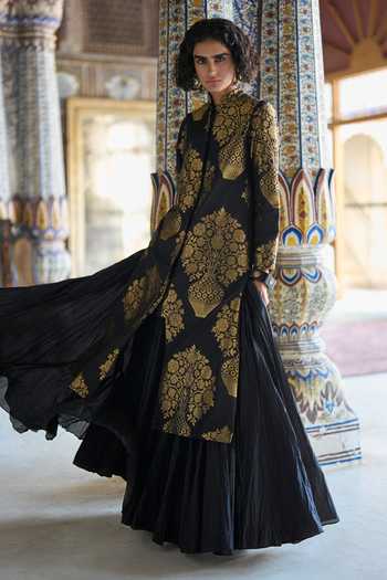 Buy Dash And Dot Black Silk, Polyester Band Banarasi Brocade Jacket And Crushed Crinkle Skirt Set Online at Aza Fashions Buy_Dash And Dot_Black Silk, Polyester Band Banarasi Brocade Jacket And Crushed Crinkle Skirt Set _Online_at_Aza_Fashions