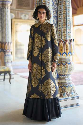 Shop_Dash And Dot_Black Silk, Polyester Band Banarasi Brocade Jacket And Crushed Crinkle Skirt Set _Online_at_Aza_Fashions