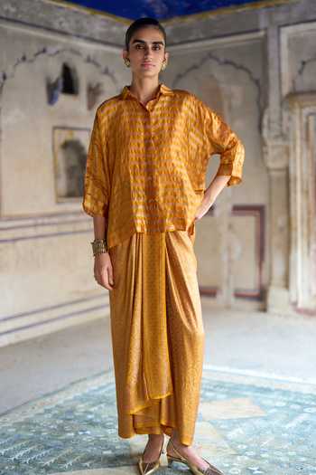 Dash And Dot Gold Polyester, Lurex Collared Neck Banarasi Shirt And Brocade Draped Skirt Set Online at Aza Fashions Dash And Dot_Gold Polyester, Lurex Collared Neck Banarasi Shirt And Brocade Draped Skirt Set _Online_at_Aza_Fashions