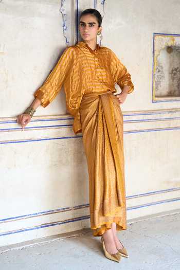 Shop Dash And Dot Gold Polyester, Lurex Collared Neck Banarasi Shirt And Brocade Draped Skirt Set Online at Aza Fashions Shop_Dash And Dot_Gold Polyester, Lurex Collared Neck Banarasi Shirt And Brocade Draped Skirt Set _Online_at_Aza_Fashions