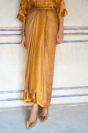 Dash And Dot Gold Polyester, Lurex Collared Neck Banarasi Shirt And Brocade Draped Skirt Set at Aza Fashions Dash And Dot_Gold Polyester, Lurex Collared Neck Banarasi Shirt And Brocade Draped Skirt Set _at_Aza_Fashions