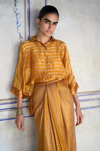 Buy Dash And Dot Gold Polyester, Lurex Collared Neck Banarasi Shirt And Brocade Draped Skirt Set Buy_Dash And Dot_Gold Polyester, Lurex Collared Neck Banarasi Shirt And Brocade Draped Skirt Set