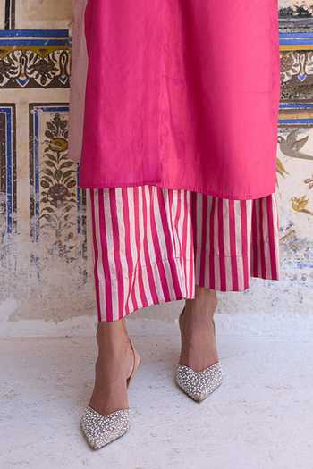 Dash And Dot Pink Lurex Collared Neck, Yes Banarasi Kurta And Striped Pant Set Online at Aza Fashions Dash And Dot_Pink Lurex Collared Neck, Yes Banarasi Kurta And Striped Pant Set _Online_at_Aza_Fashions