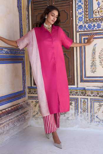 Buy_Dash And Dot_Pink Lurex Collared Neck, Yes Banarasi Kurta And Striped Pant Set _Online_at_Aza_Fashions