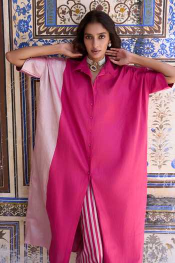 Buy Dash And Dot Pink Lurex Collared Neck, Yes Banarasi Kurta And Striped Pant Set Buy_Dash And Dot_Pink Lurex Collared Neck, Yes Banarasi Kurta And Striped Pant Set