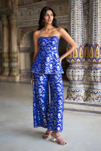 Dash And Dot Banarasi Brocade Peplum Corset Top & Pant Set 