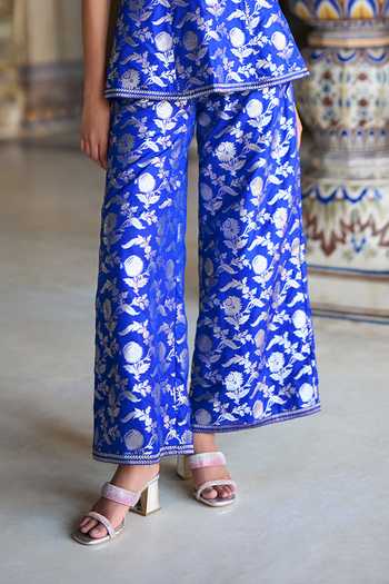 Shop_Dash And Dot_Blue Brocade Bandeau Neck Banarasi Peplum Corset Top And Pant Set _Online_at_Aza_Fashions