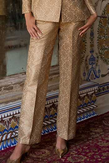 Dash And Dot Gold Polyester, Lurex Shawl Neck Banarasi Brocade Blazer And Pant Set Online at Aza Fashions Dash And Dot_Gold Polyester, Lurex Shawl Neck Banarasi Brocade Blazer And Pant Set _Online_at_Aza_Fashions