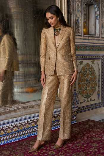 Shop Dash And Dot Gold Polyester, Lurex Shawl Neck Banarasi Brocade Blazer And Pant Set Online at Aza Fashions Shop_Dash And Dot_Gold Polyester, Lurex Shawl Neck Banarasi Brocade Blazer And Pant Set _Online_at_Aza_Fashions