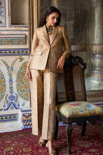 Dash And Dot Gold Polyester, Lurex Shawl Neck Banarasi Brocade Blazer And Pant Set at Aza Fashions Dash And Dot_Gold Polyester, Lurex Shawl Neck Banarasi Brocade Blazer And Pant Set _at_Aza_Fashions