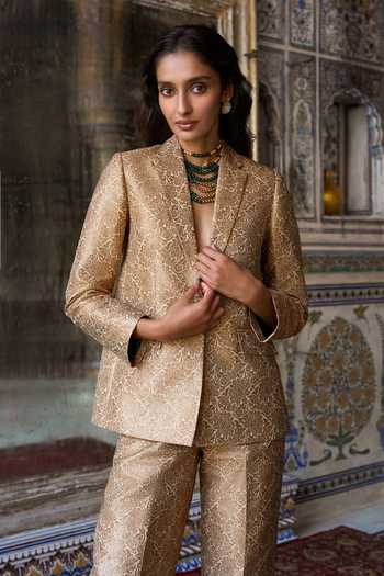 Buy Dash And Dot Gold Polyester, Lurex Shawl Neck Banarasi Brocade Blazer And Pant Set Buy_Dash And Dot_Gold Polyester, Lurex Shawl Neck Banarasi Brocade Blazer And Pant Set