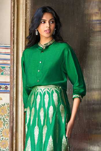 Dash And Dot_Emerald Green Lurex Band Back Embroidered Shirt And Brocade Flared Skirt Set _Online_at_Aza_Fashions