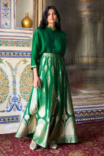 Dash And Dot Back Embroidered Shirt & Brocade Flared Skirt Set 