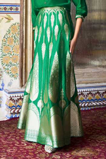 Buy_Dash And Dot_Emerald Green Lurex Band Back Embroidered Shirt And Brocade Flared Skirt Set _Online_at_Aza_Fashions
