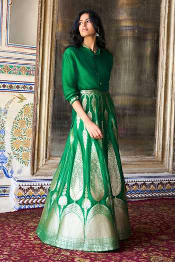 Shop_Dash And Dot_Emerald Green Lurex Band Back Embroidered Shirt And Brocade Flared Skirt Set _Online_at_Aza_Fashions