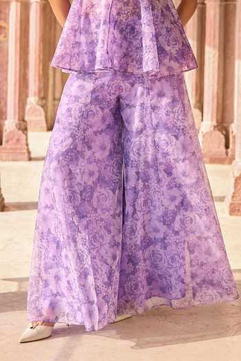 Dash And Dot_Purple Viscose, Polyester Halter Neck Floral Print Peplum Top And Sharara Set _Online_at_Aza_Fashions