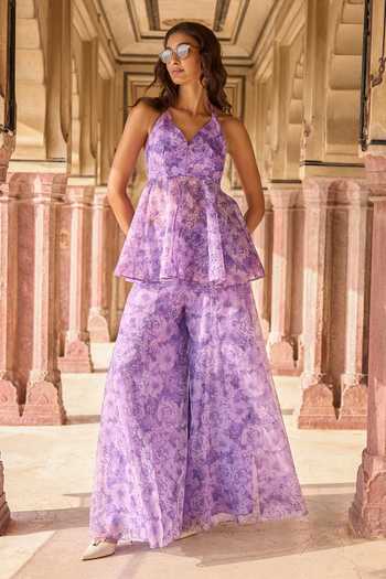 Buy_Dash And Dot_Purple Viscose, Polyester Halter Neck Floral Print Peplum Top And Sharara Set _Online_at_Aza_Fashions