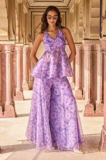 Shop_Dash And Dot_Purple Viscose, Polyester Halter Neck Floral Print Peplum Top And Sharara Set _Online_at_Aza_Fashions