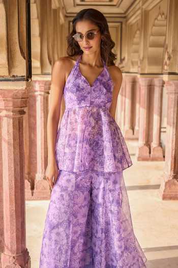 Dash And Dot_Purple Viscose, Polyester Halter Neck Floral Print Peplum Top And Sharara Set _at_Aza_Fashions