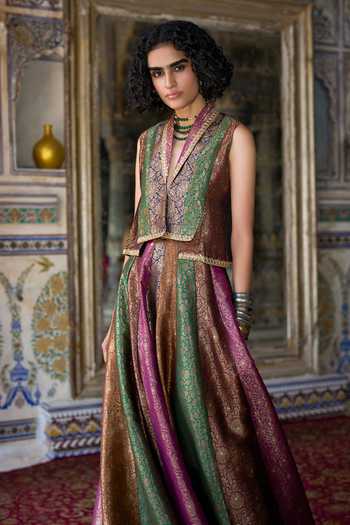 Dash And Dot Multi Color Viscose, Polyester, Lurex Banarasi Brocade Waistcoat And Skirt Set Online at Aza Fashions Dash And Dot_Multi Color Viscose, Polyester, Lurex Banarasi Brocade Waistcoat And Skirt Set _Online_at_Aza_Fashions