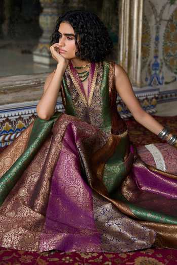 Dash And Dot Multi Color Viscose, Polyester, Lurex Banarasi Brocade Waistcoat And Skirt Set at Aza Fashions Dash And Dot_Multi Color Viscose, Polyester, Lurex Banarasi Brocade Waistcoat And Skirt Set _at_Aza_Fashions