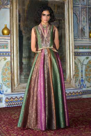Buy Dash And Dot Multi Color Viscose, Polyester, Lurex Banarasi Brocade Waistcoat And Skirt Set Buy_Dash And Dot_Multi Color Viscose, Polyester, Lurex Banarasi Brocade Waistcoat And Skirt Set