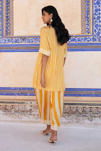 Dash And Dot Embroidered Striped Kurta & Striped Pant Set 