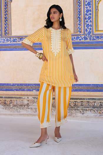 Dash And Dot Embroidered Striped Kurta & Striped Pant Set 