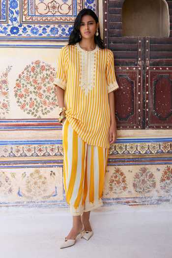 Dash And Dot White Modal Round Neck, Yes Embroidered Kurta And Pant Set at Aza Fashions Dash And Dot_White Modal Round Neck, Yes Embroidered Kurta And Pant Set _at_Aza_Fashions