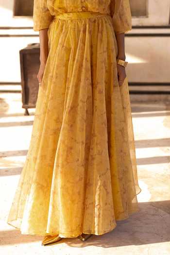 Dash And Dot_Yellow Printed Organza Pleated Shirt And Maxi Skirt Set _Online_at_Aza_Fashions