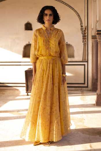 Buy_Dash And Dot_Yellow Printed Organza Pleated Shirt And Maxi Skirt Set _Online_at_Aza_Fashions