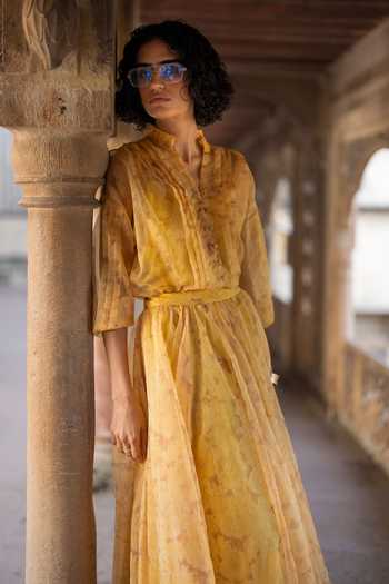 Dash And Dot_Yellow Printed Organza Pleated Shirt And Maxi Skirt Set _at_Aza_Fashions