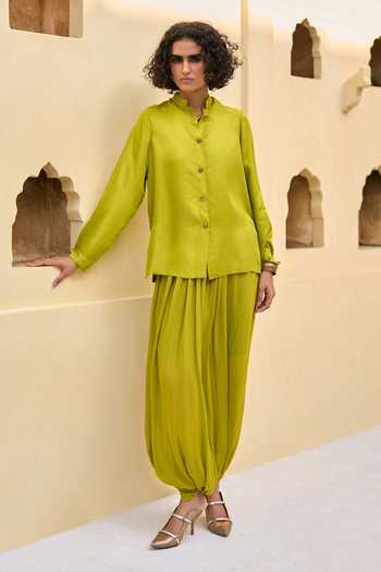 Dash And Dot_Lime Viscose Band Collar Shirt And Draped Cowl Dhoti Pant Set _Online_at_Aza_Fashions