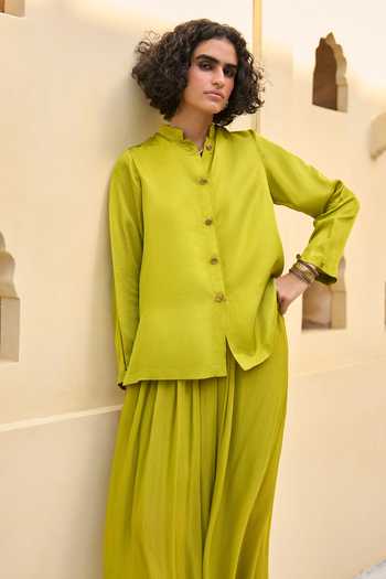 Shop_Dash And Dot_Lime Viscose Band Collar Shirt And Draped Cowl Dhoti Pant Set _Online_at_Aza_Fashions