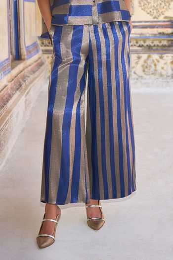 Dash And Dot_Blue Polyester, Lurex Collared Neck Banarasi Striped Peplum Shirt And Pant Set _Online_at_Aza_Fashions