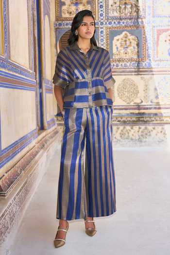 Buy_Dash And Dot_Blue Polyester, Lurex Collared Neck Banarasi Striped Peplum Shirt And Pant Set _Online_at_Aza_Fashions