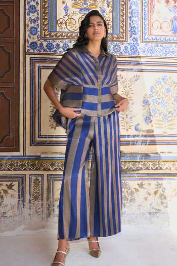 Dash And Dot Banarasi Striped Peplum Shirt & Pant Set 