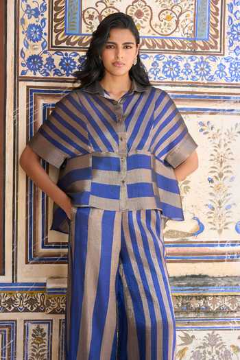Shop_Dash And Dot_Blue Polyester, Lurex Collared Neck Banarasi Striped Peplum Shirt And Pant Set _Online_at_Aza_Fashions