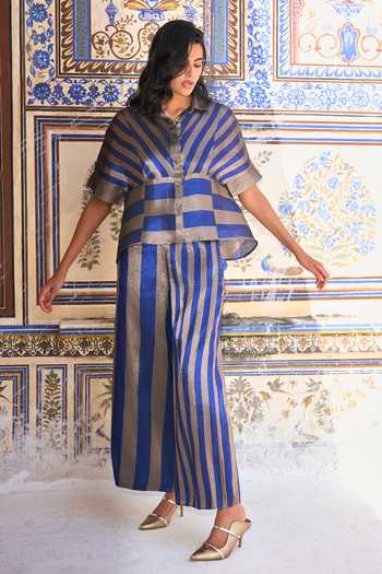 Dash And Dot_Blue Polyester, Lurex Collared Neck Banarasi Striped Peplum Shirt And Pant Set _at_Aza_Fashions