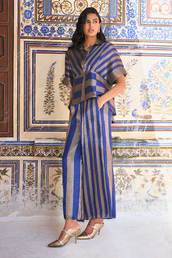 Buy_Dash And Dot_Blue Polyester, Lurex Collared Neck Banarasi Striped Peplum Shirt And Pant Set 