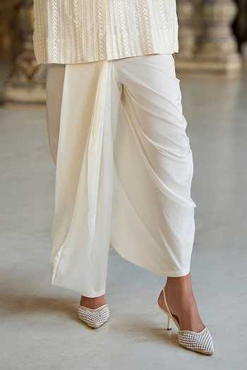 Dash And Dot_Ivory Viscose, Nylon Mandarin Embroidered Longline Shirt And Draped Dhoti Pant Set _Online_at_Aza_Fashions