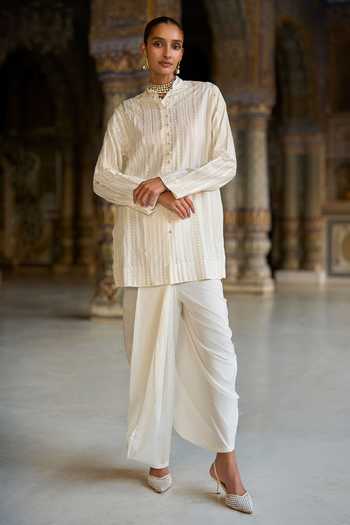 Dash And Dot Embroidered Longline Shirt & Draped Dhoti Pant Set 