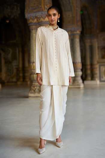 Buy_Dash And Dot_Ivory Viscose, Nylon Mandarin Embroidered Longline Shirt And Draped Dhoti Pant Set _Online_at_Aza_Fashions