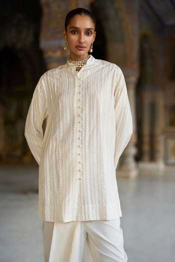 Shop_Dash And Dot_Ivory Viscose, Nylon Mandarin Embroidered Longline Shirt And Draped Dhoti Pant Set _Online_at_Aza_Fashions