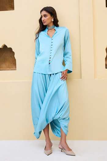 Dash And Dot_Blue Viscose Textured Shirt And Draped Cowl Pant _Online_at_Aza_Fashions