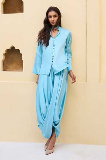Buy_Dash And Dot_Blue Viscose Textured Shirt And Draped Cowl Pant _Online_at_Aza_Fashions