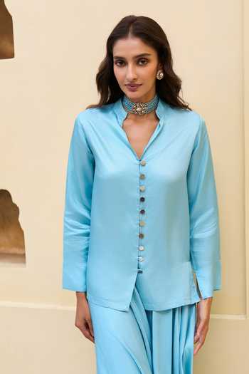 Dash And Dot_Blue Viscose Textured Shirt And Draped Cowl Pant _at_Aza_Fashions