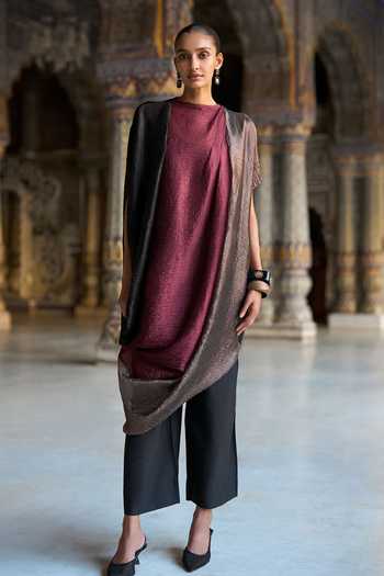 Shop_Dash And Dot_Multi Color Viscose, Polyester Cowl Draped Blocked Tunic And Straight Pant Set _Online_at_Aza_Fashions
